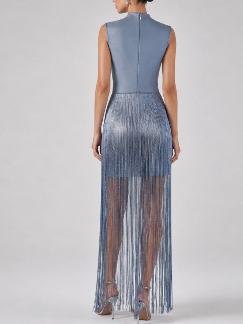 Glam Slate Blue Shimmer Fringe Mock Neck Bandage Bodycon Maxi Gown - Picture 3 of 8